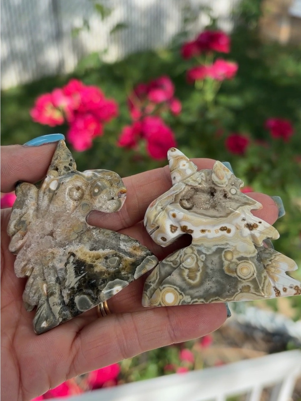 Pair of Ocean Jasper Unicorn Carvings - Cream, Gray, Pink, Brown